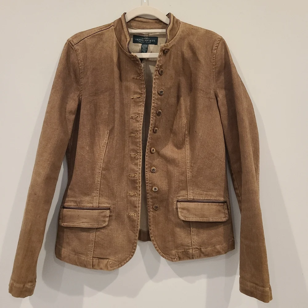 LRL Ralph Lauren Tan Button Down Military Style Sheep Leather Trim Jacket - Picture 2 of 14